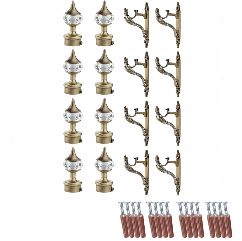 GLOXY Aluminium Curtain Brackets Parda Holders with Single Diamond Knobs Antique Finish, Fittings 1 Inch Rod Pocket Finials for Designer Door and Window (Antique, Pair of 4)