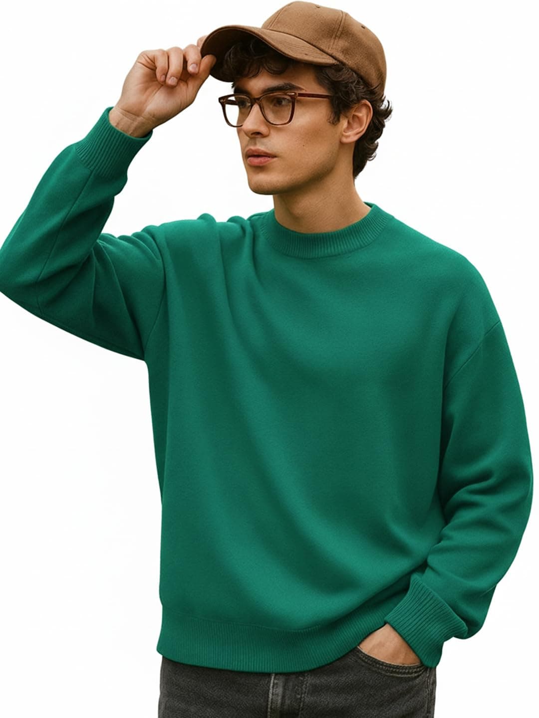 Bewakoof Men's Solid Oversized Fit Full Sleeve Round Neck Acrylic Sweater Green