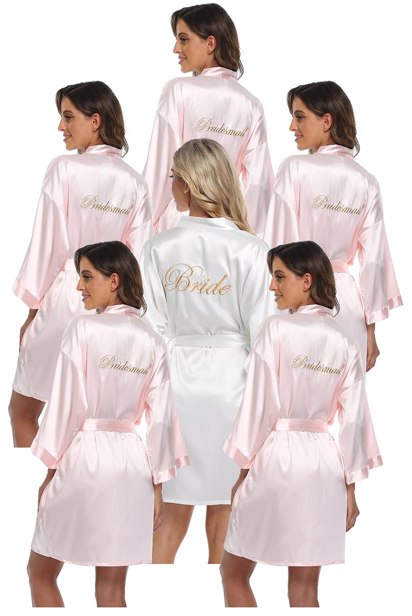 PENGEE 6 Pcs Womens Satin Wedding Party Robe Set Bride Bridesmaid Kimono sets Bridal Shower Getting Ready Silky BathRobe