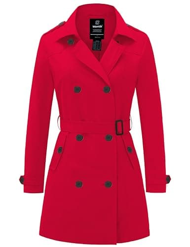 Wantdo Women's Double-Breasted Long Trench Coat with Belt(Red, Large)