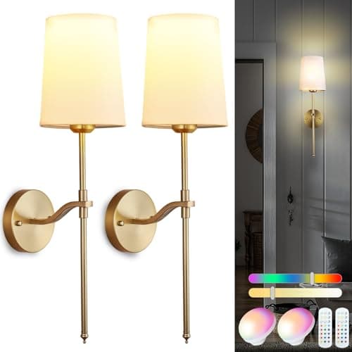 Troconce Wall Lights Battery Operated Wall Sconces Set of 2 Gold Rechargeable Wall Sconce with 15 RGB Dimmable Detachable Bulbs and Remote Wireless Battery Powered Wall Lamp for Living Room Bedroom