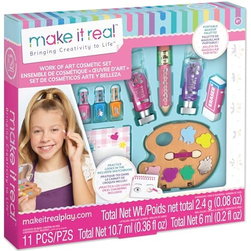 Make It Real Work of Art Cosmetic Set 11pc Makeup Kit PaintShaped Eyeshadow Palette Lip Gloss Tubes Nail Polish Sketchbook TweenGirlKids 8