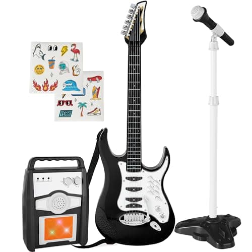 Best Choice Products Toy Kids Guitar Play Set Bundle Pretend Play Toddler Electric Guitar Kit with Interactive Microphone Amp Whammy Bar 6 Demo Songs and 2 Sticker Sheets Black