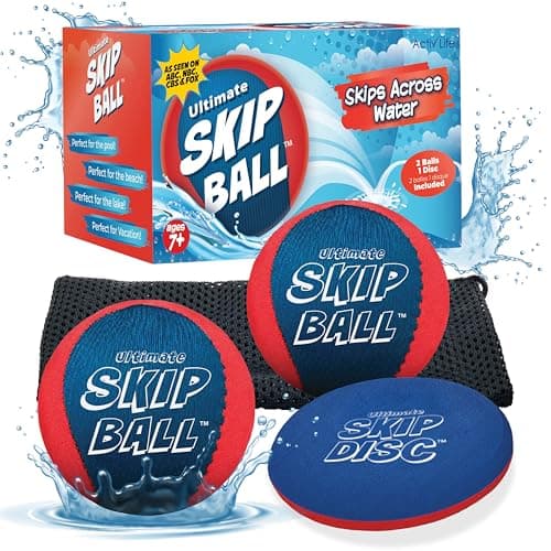 Activ Life The Ultimate Water Skip Ball 2 Pack Water Bouncing Toys Fun Games at Beach Lake Swimming Pool Easter Basket Stuffer Gifts for All Ages Kids Family RedBlue with Skip Disc