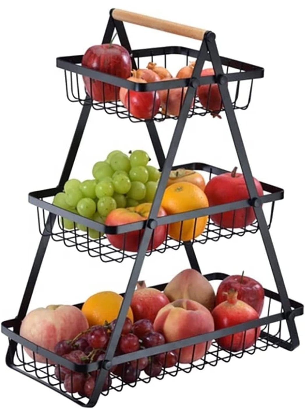 Large 3-Tier Countertop Fruit Basket Organizer with Sturdy Metal Frame and Wooden Grip – Multi-Purpose Storage Rack for Fruits, Veggies, Bread & Snacks – Modern Farmhouse Kitchen Counter Organizer with Removable Baskets