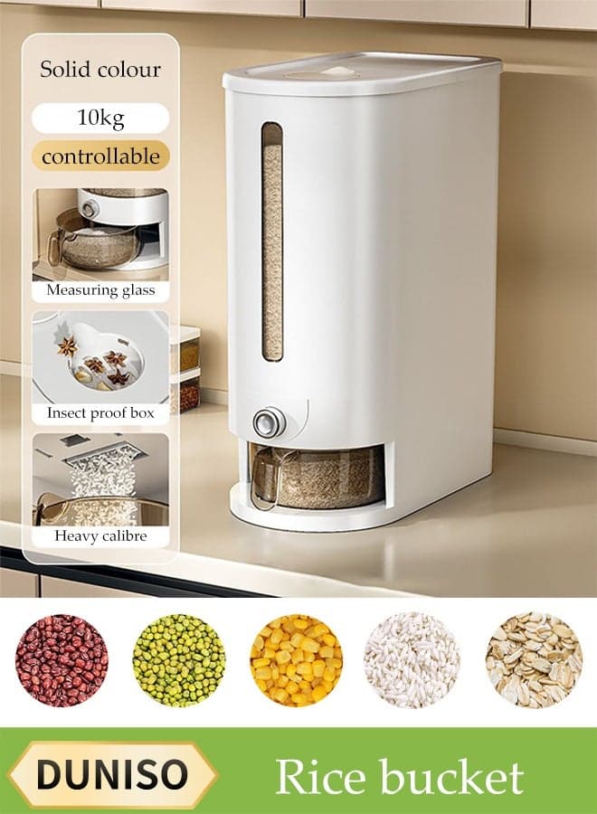 Rice Dispenser, Large Dry Food Storage Container, Sealed Grain Dispenser Food Storage Box With Lid, Measuring Cup And Insect Repellent Box, Food Dispenser Kitchen, Store Rice, Beans, Grains, Small Dry Food, Suitable For Home Kitchen Food Storage Room, White
