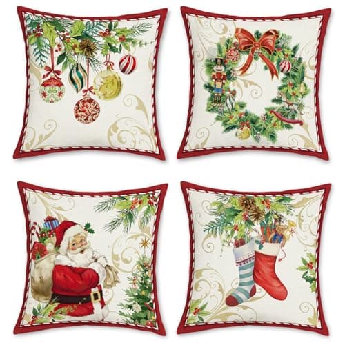 Bonhause Christmas Throw Pillow Covers 18x18 Inch Santa Claus Merry Christmas Wreath Bells Socks Winter Holiday Decorative Pillows for Couch Sofa Bed Home Xmas Decor Set of 4