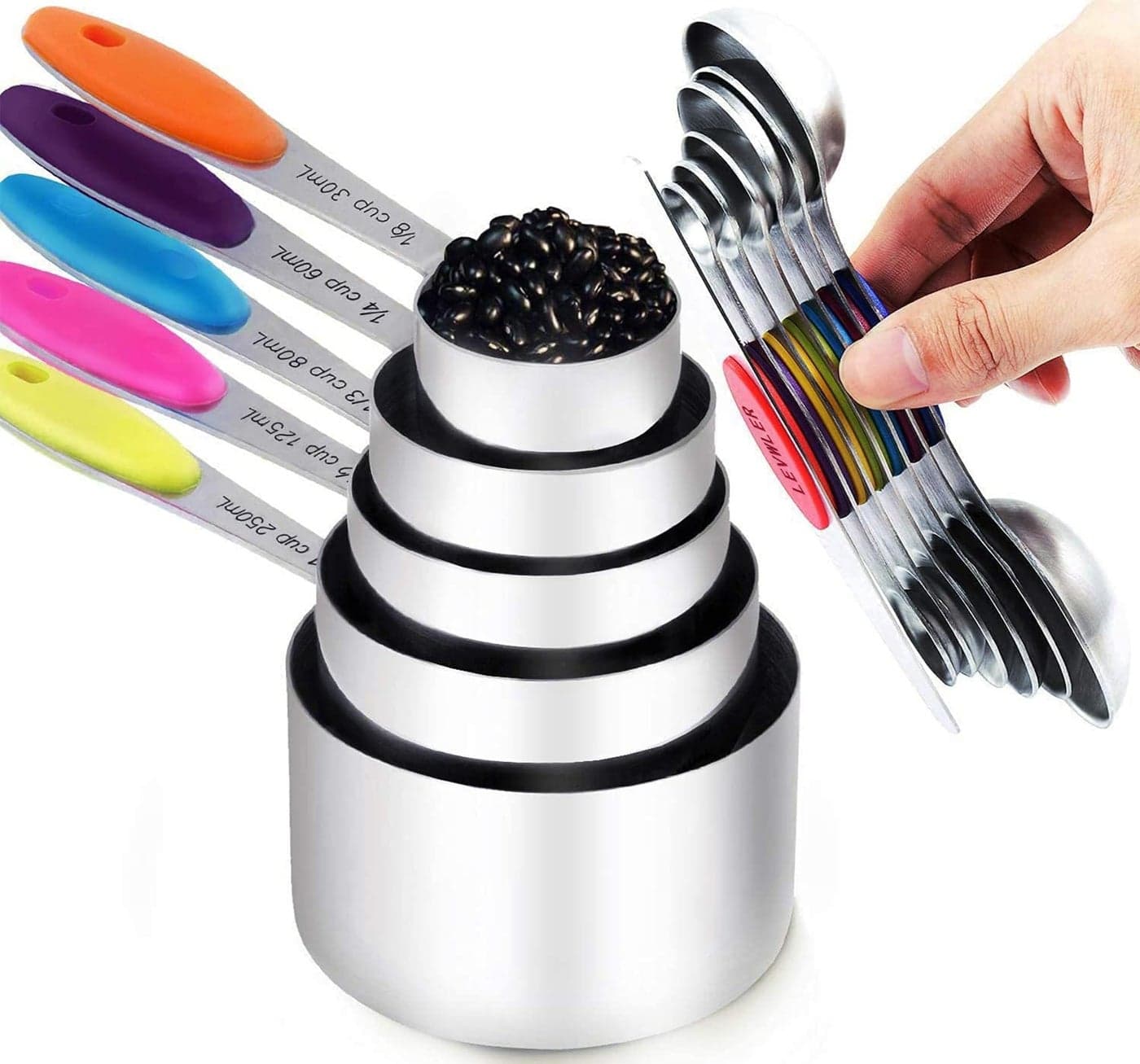 TILUCK measuring cups and magnetic measuring spoons set, stainless steel measuring cups, 6 double-sided stainless steel measuring spoons & 1 leveler (7+7)
