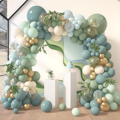 Toys Treasure We Deliver Smiles Rubber 174Pcs Dust Green Blue White Balloon Arch Garland Kit, Gold Confetti Balloons for Baby Shower Wedding Tea Birthday Party Decorations (Dust Green Blue)