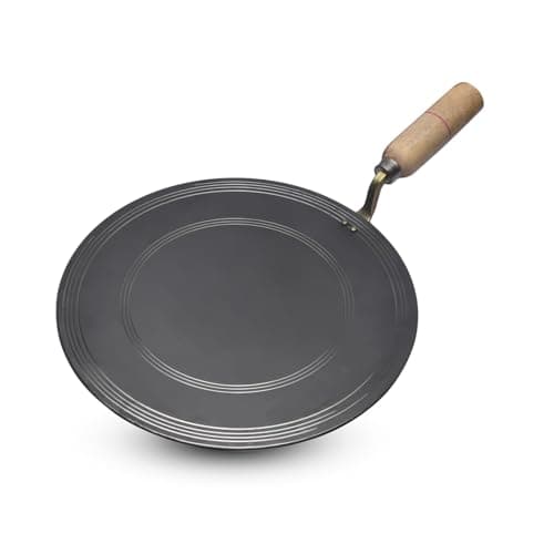 VISMAY'S 12 Inch Food Grade Pure Iron Dosa Tawa Lohe ka Tava Multipurpose Chapati Utappam Thawa Smooth Edge Metal Spoon Friendly Strong Wooden Handle Gas Compatible