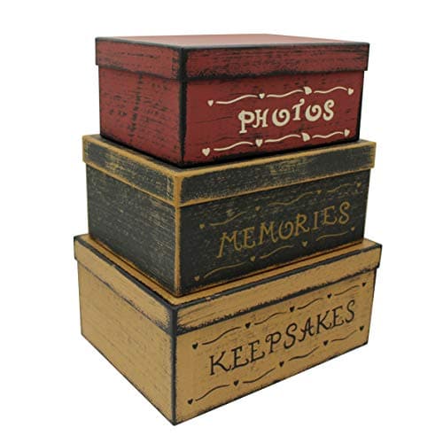 CVHOMEDECO. Primitive Vintage Rectangular Photos, Memories, Keepsakes Cardboard Nesting Boxes, Large 12 X 9 X 5-1/2 Inch. Set of 3.