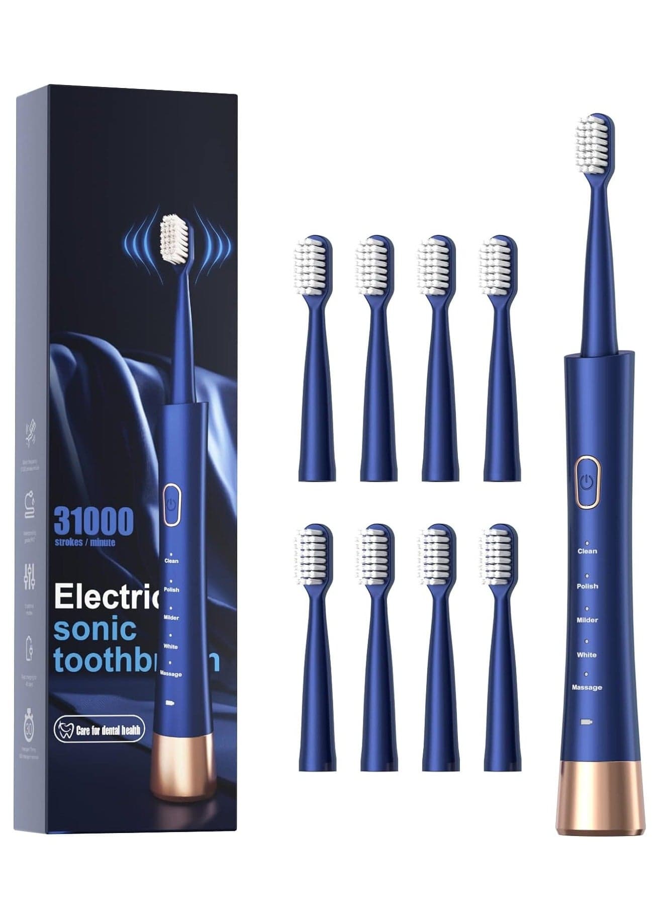 PX7 Waterproof Sonic Electric Toothbrush, 2-Hour Fast Charge with Intelligent Time Reminder, 5 Modes, 8 Brush Heads, Travel, Indoor, Outdoor, Blue