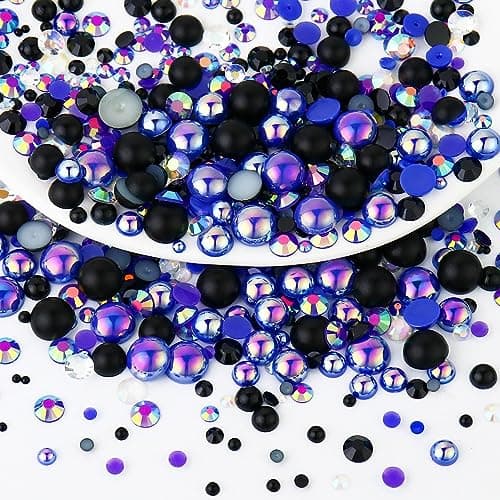 Towenm 60g Flatback Pearls and Rhinestones Mixed Resin Jelly Rhinestones and Half Pearls for Tumblers Shoes Nails Face Art 2mm10mm Rhinestone Pearl Mix for Bedazzling BlackBluePurple