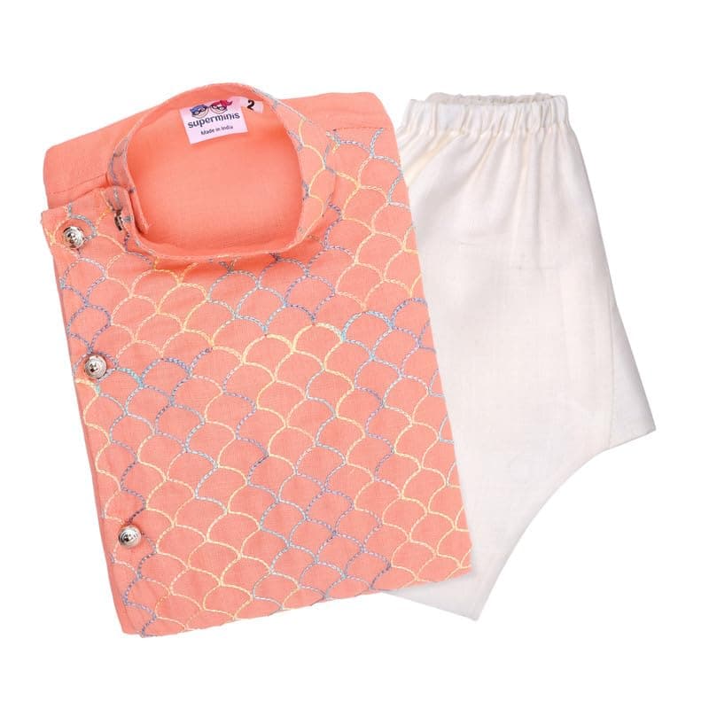 superminis Baby Boys Cotton Side Open Embroidery Kurta and White Pyjama Set (3-4 Years, Peach)