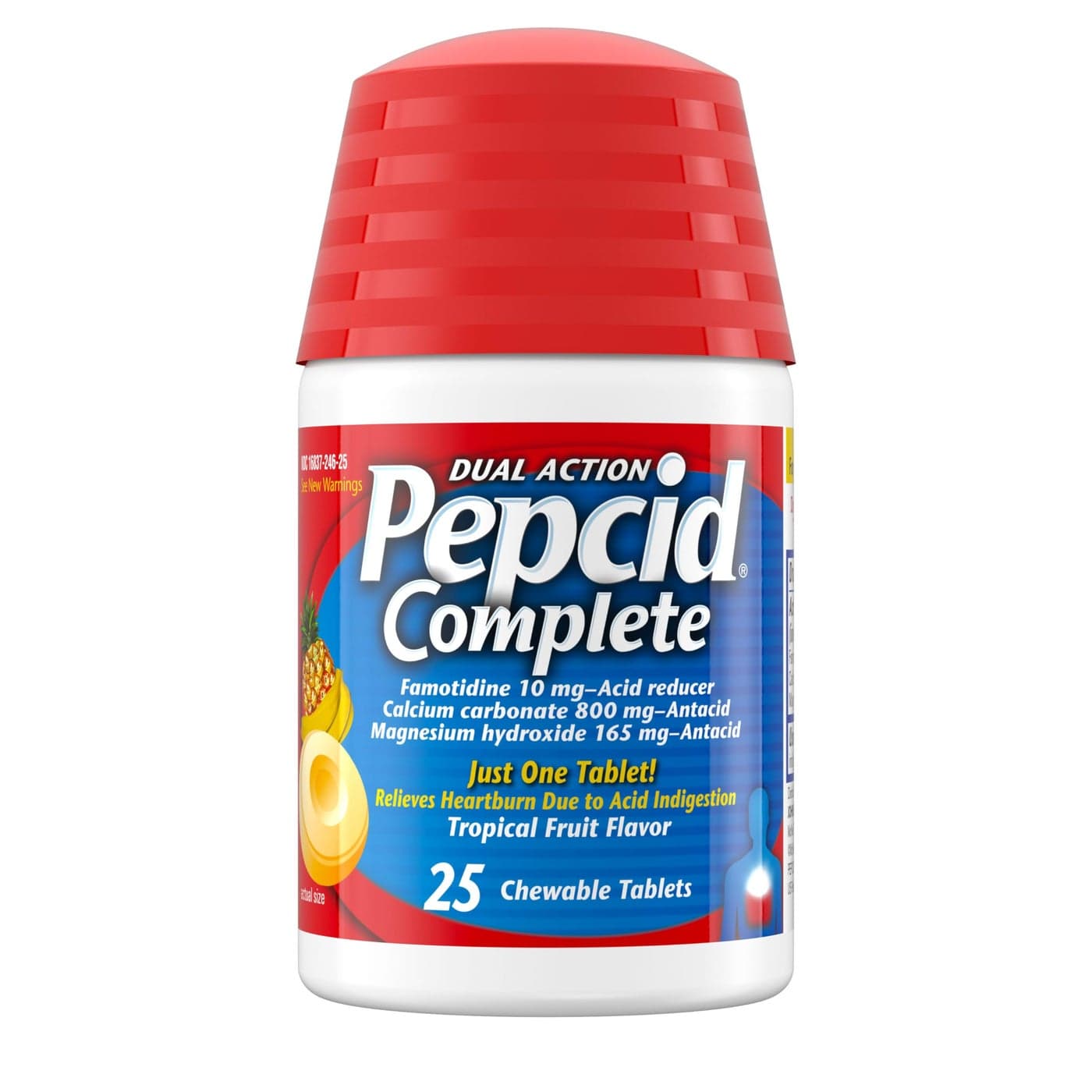 Pepcid Complete Acid Reducer Antacid for Acid Reflux 10mg Famotidine 800mg Calcium Carbonate 165mg Magnesium Hydroxide per Heartburn Tablet Antacid Chews Tropical Fruit 25 ct
