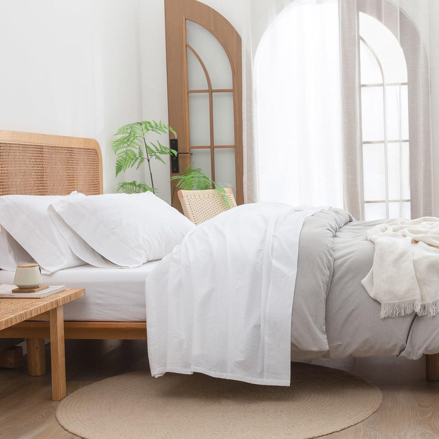 BESTOUCH Sheet Set 100 Washed Cotton Linen Feel Super Soft Comfortable Chic Lightweight 3 Pcs Home Bedding Set Solid Bright White Twin