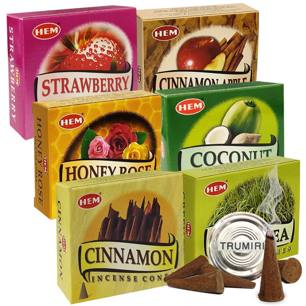 Hem Incense Cones Variety Pack 5 and Cone Incense Burner Bundle with 6 Most SoughtAfter Fragrances