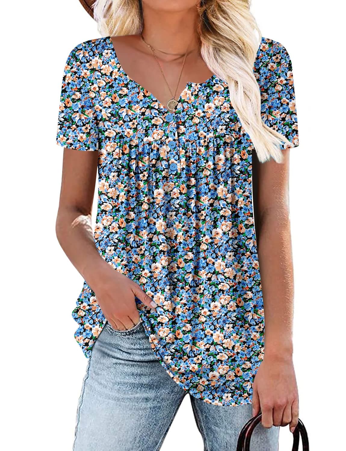 ROSELINLIN Blue Tunic Tops for Women Short Sleeve Shirts Flower Print Button Up Pull Over Shirt for Ladies M
