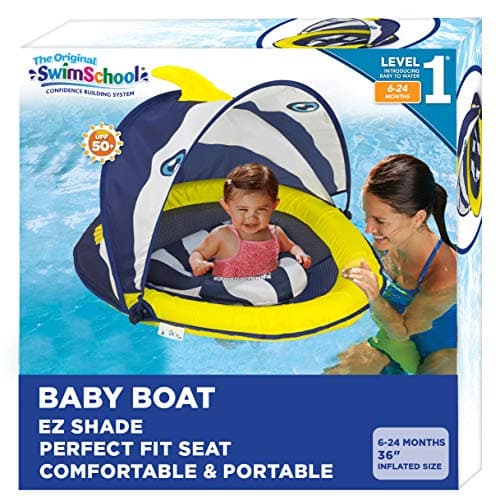 SwimSchool Deluxe Baby Float with Adjustable Canopy 624 Months Baby Swim Float with Splash Play Activity Center Safety Seat NavyWhite