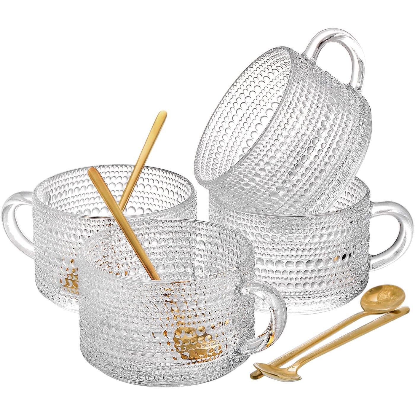 ZOOFOX Set of 4 Glass Coffee Mugs 14 Oz Clear Glass Cups with Golden Spoons Vintage Embossed Coffee Cups Set for Latte Espresso Cappuccino Cereal Yogurt Tea and Hot Beverage