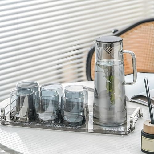 Wringo Premium 7pc Crystal Water Jug with Glass Set and Jug Set Combo,Freezer Safe and Dishwasher Safe (6 Pieces Glasses 200ML and 1 Water Juice Jug 1 Liter), Transparent, Glass and Jug Set (WS-15)