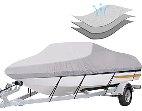 iCOVER Trailerable Boat Cover- 14'-16' Heavy Duty Waterproof Tarp Covers, Fits V-Hull, Fish&Ski, Pro-Style, Fishing, Runabout, Bass Boats, up to 14ft-16ft Long and 68" Wide