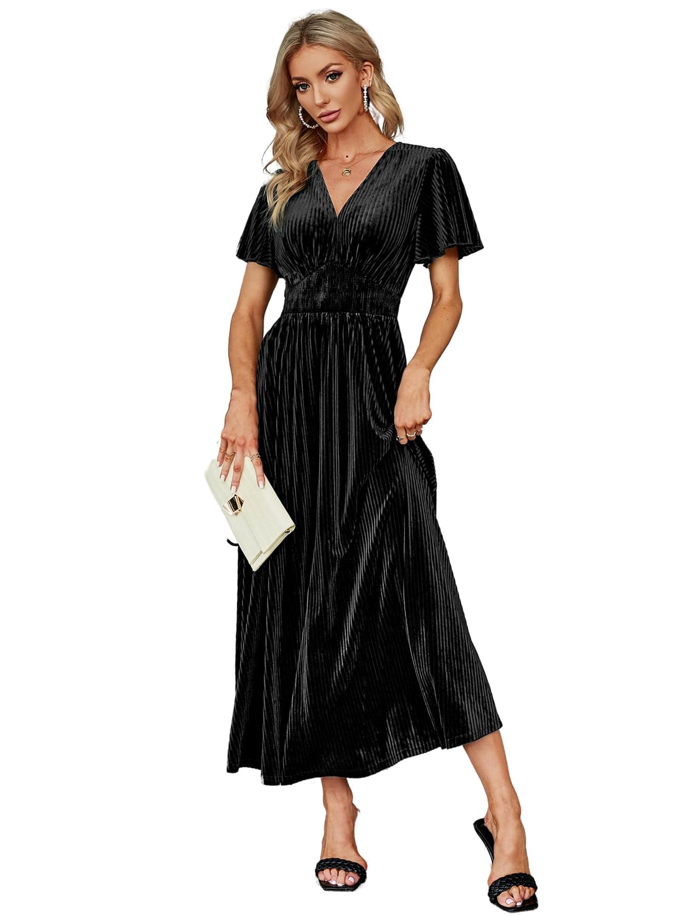 Simplee Womens Short Sleeve Velvet Maxi Dress V Neck Formal DressXL Black