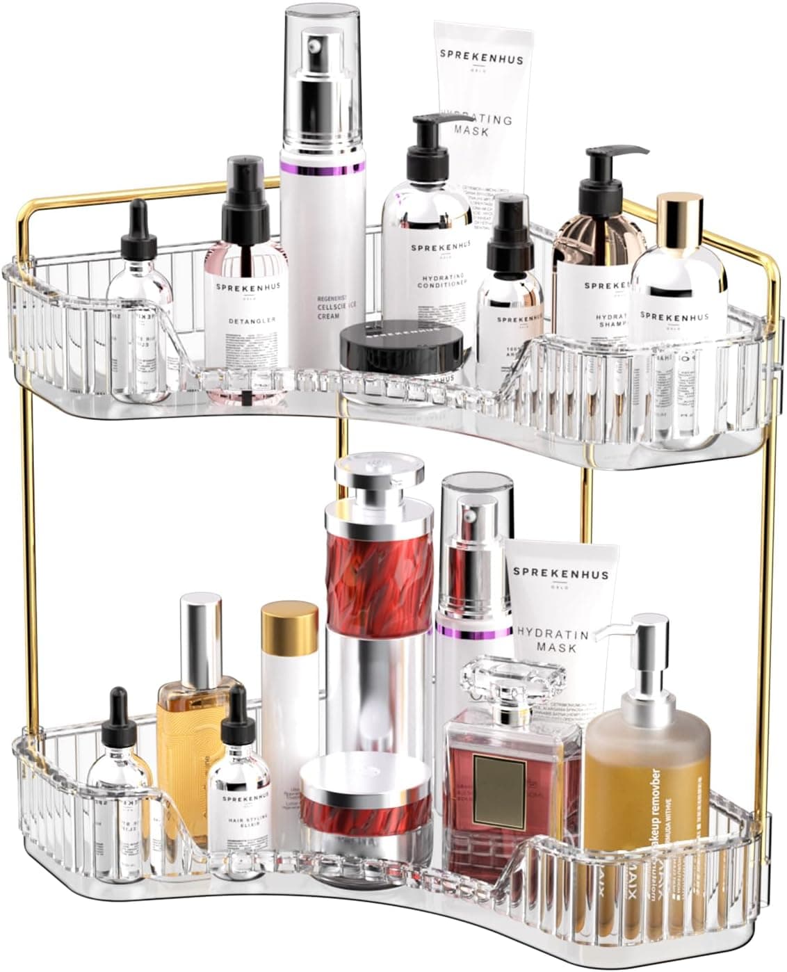 MOACC 2Tier Corner Bathroom Counter Organizer Countertop Perfume Tray and Vanity Organizer Makeup Cosmetic Storage Corner Storage Organizers for Bathroom Kitchen Dresser Clear