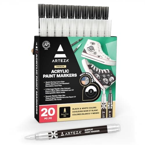 ARTEZA Acrylic Paint Markers Set of 20 Black White Acrylic Paint Pens Art Markers for Glass Pottery Ceramic Plastic Rocks and Canvas
