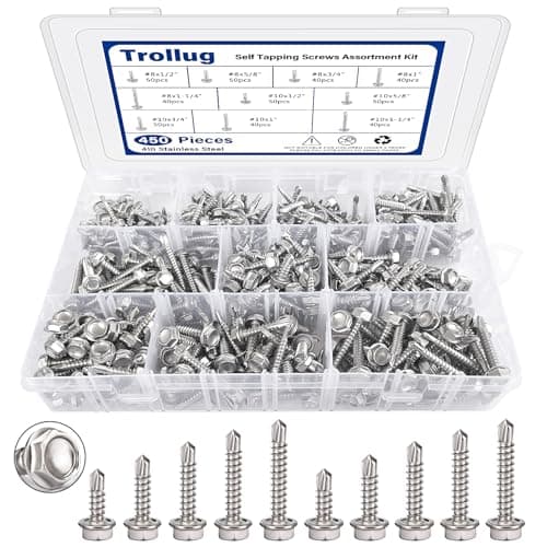 450PCS Self Tapping Screws for Metal 410 Stainless Steel Self Drilling Screws 810 Hex Head Sheet Metal Screws Assortment Kits Length 12 to 114 Silver