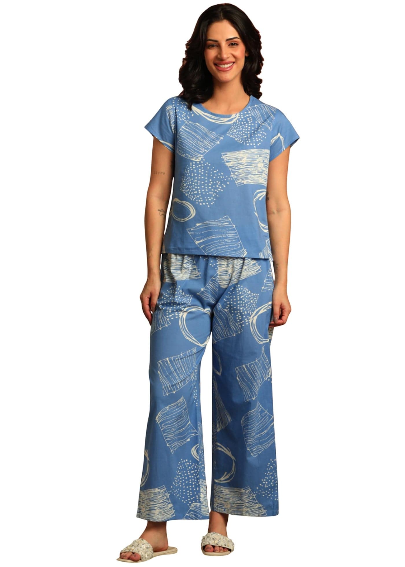 Yash Gallery Women's Cotton Cambric Printed Night Suit Set – Half Sleeve Top & Pajama | Loungewear & Sleepwear Set (Blue)
