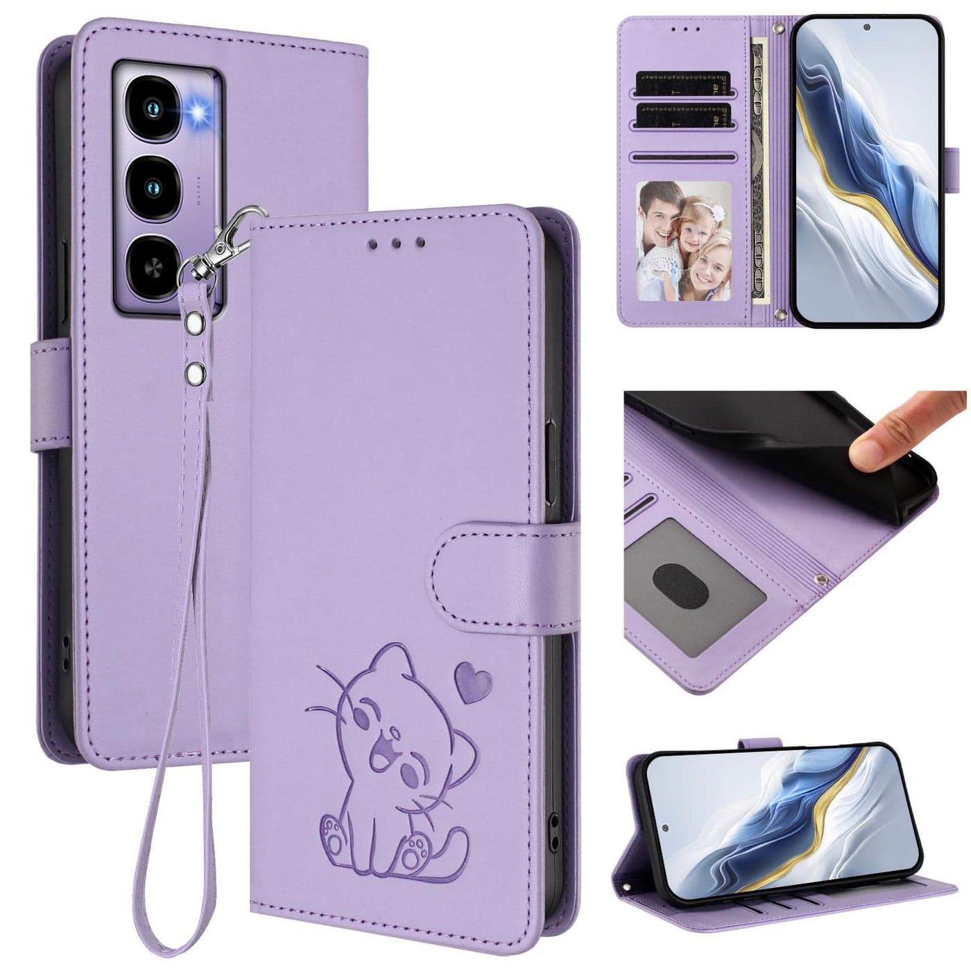 For Itel City 100 Embossed Cat Leather Phone Case with Hand Strap(Light Purple)