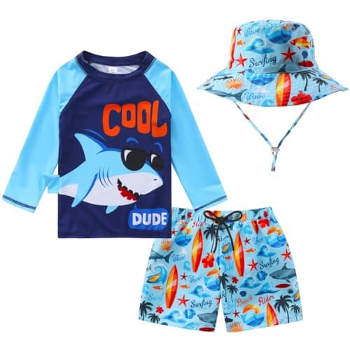 Baby-Boys Toddler Long Sleeved Rashguard Swim Bathing Suit and Sun Hat Set Cool Shark 3-6 Months