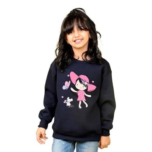 Nusyl Girl's Fleece Crew Neck Sweatshirt (NUUCOSWT0885.3_Navy Blue