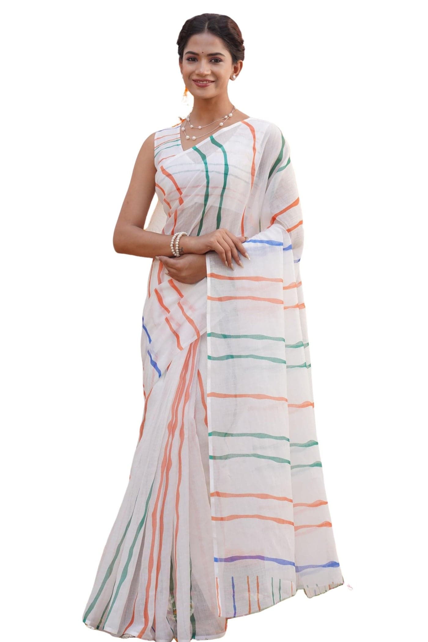 SIRIL Women's cotton Printed Saree With Unstitched Blouse Piece (4958S1283_White)