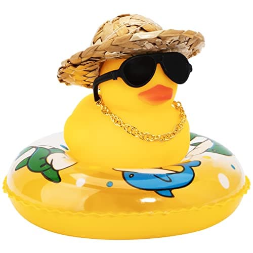 wonuu Car Rubber Duck Yellow Duck Decoration Dashboard with Sun Hat Swim Ring Necklace Sunglasses for Car Dashboard Decorations