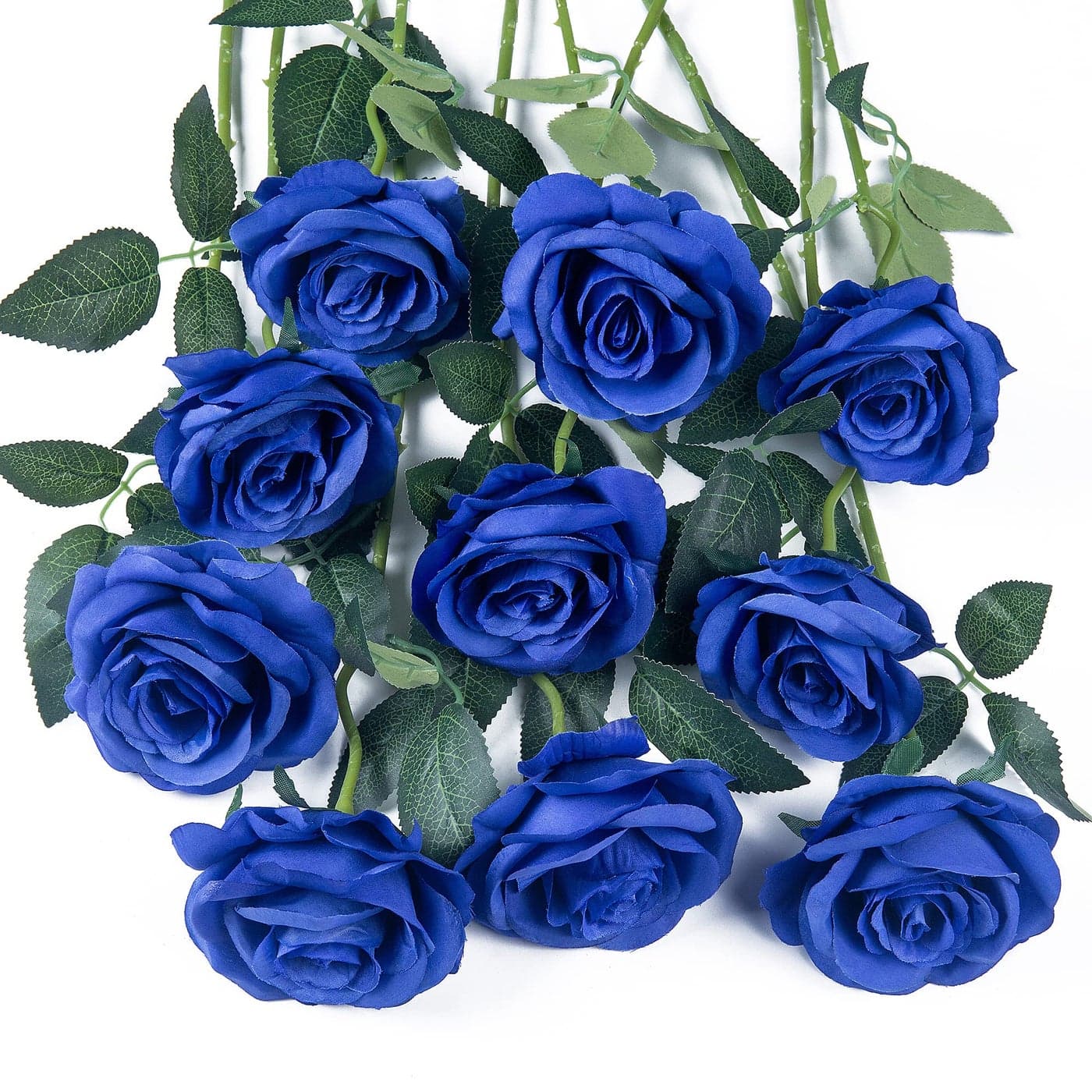 Exoment 10Pcs Royal Blue Artificial Silk Roses Flowers Single Long Stem Velet Real Touch Fake Roses Bouquets for Home Office Garden Decoration