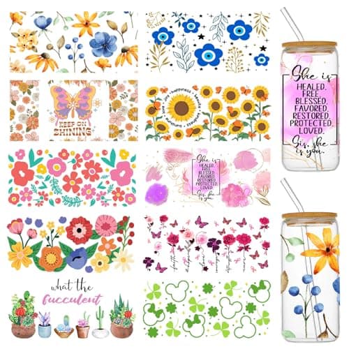 UV DTF Cup Wraps for 16 oz Glass Cups 10 Sheets Cup Wrap Transfer Stickers Cup Transfer Wraps Rub on Transfers for Crafts Furniture Flower Decals Cup Vinyl Wrap Bulk for Tumblers Libbey Cups Wood
