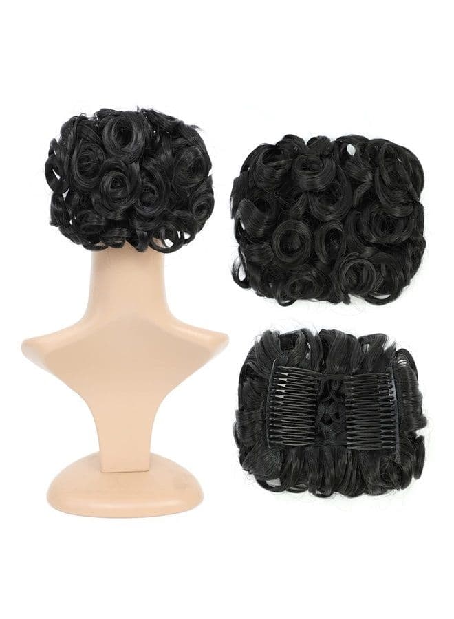 Short Messy Curly Dish Hair Bun Extension Easy Stretch hair Combs Clip in Ponytail Extension Scrunchie Chignon Tray Ponytail Hairpieces (Off Black-1B#)