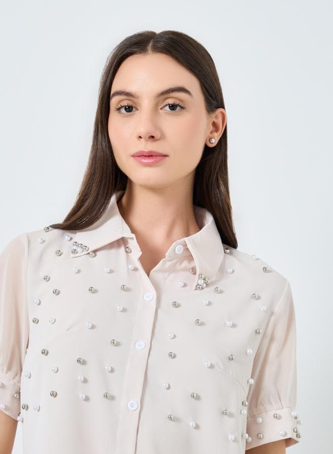 Take Two Pearl Embellished Buttoned Shirt — L