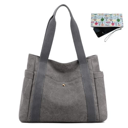 JIANLINST Women's Canvas Tote Handbags Multi-pocket Retro Casual Shoulder Bag Top Handle Satchel Tote Purse Gray