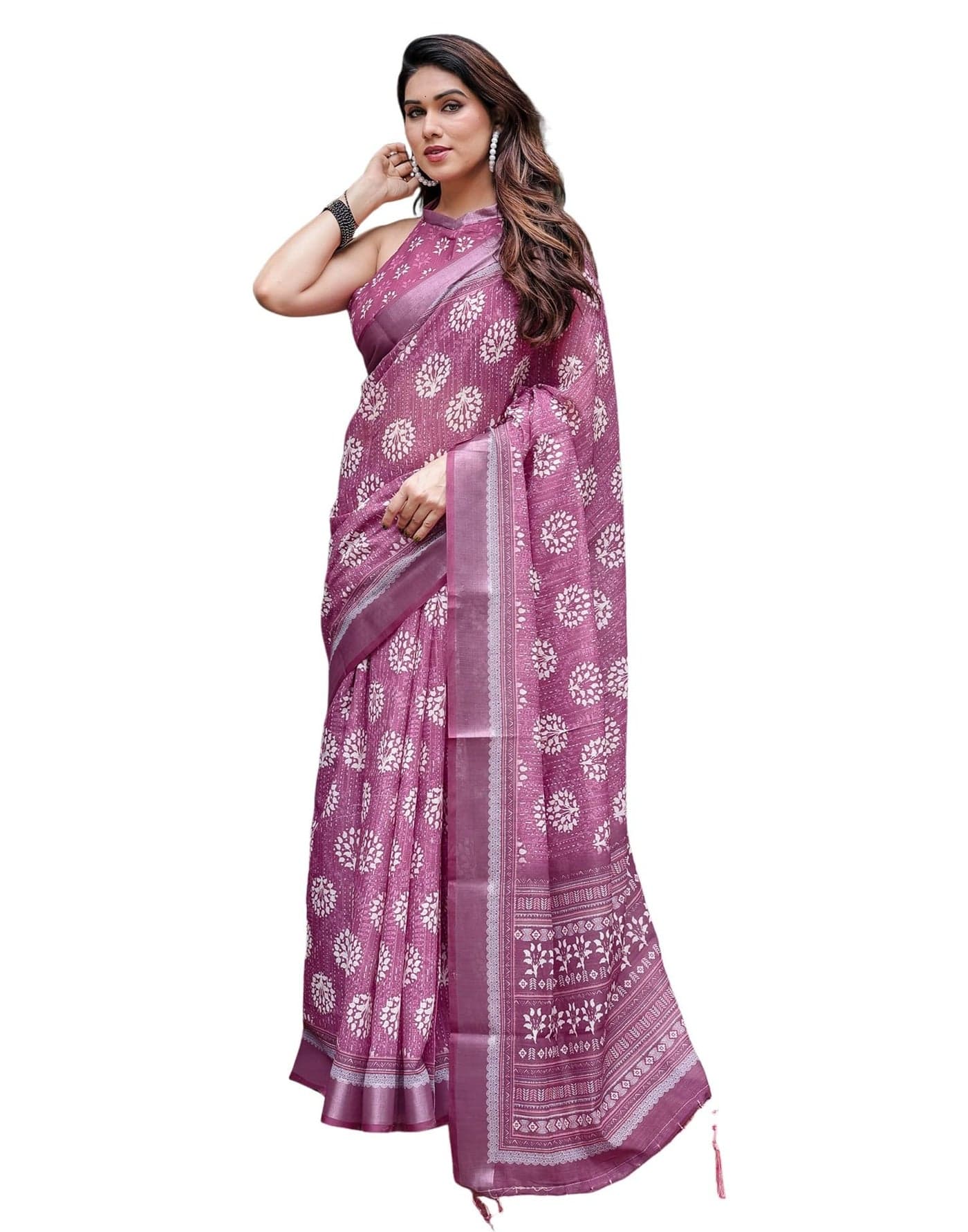 SIRIL Women's Cotton Linen Printed Saree with Unstitched Blouse Piece (4263S129_Pink)