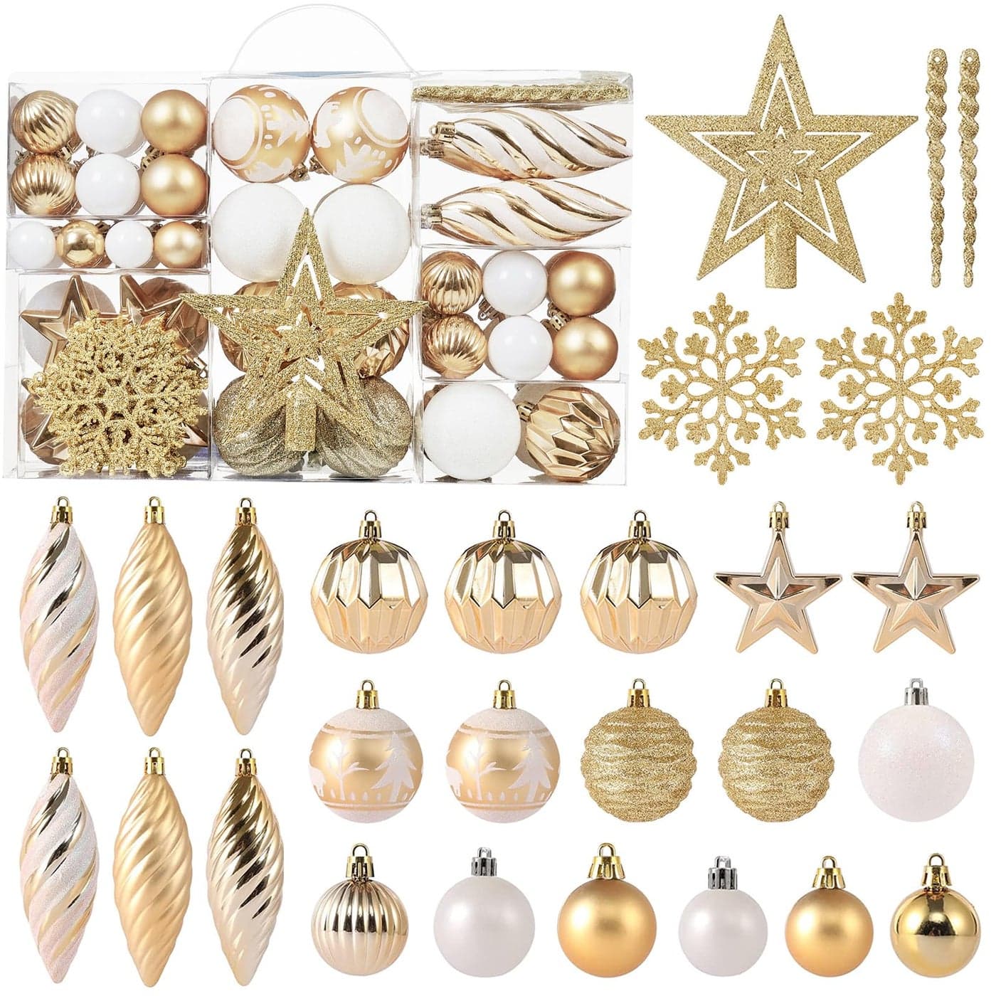 100ct Christmas Ball Ornaments Set Assorted Shatterproof Hanging Tree Ornament Set with Reusable Handheld Gift Package for Xmas Tree Holiday Party and Home Decor Gold