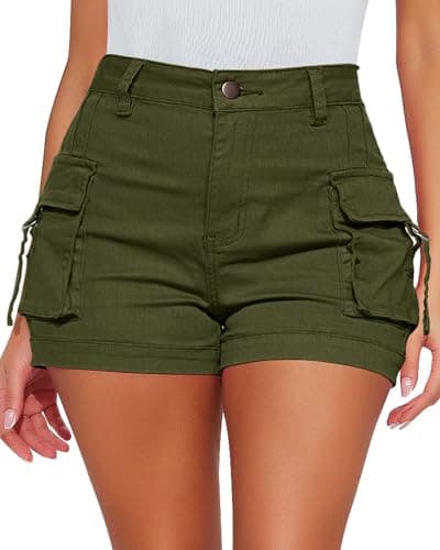 luvamia Cargo Shorts for Women Trendy High Wasited Casual Summer Stretchy Utility Cut Off Shorts with Pockets Olive Green Size Large US Size 12 14