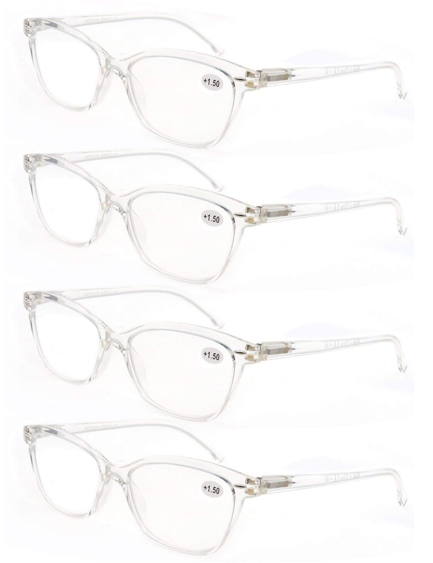 MODFANS Women Reading Glasses 15 Clear Frame Cateye Ladies Readers with Comfort Spring Hinge Pattern Design Pouch Included 4 Pack