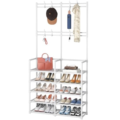 Laiensia 5Tier Entryway Coat Rack Coat and Shoe Rack Entryway Bench Storage Organizer with 8 Hooks for Bedroom Hallway Office White