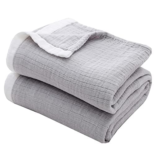 SE SOFTEXLY Cotton Muslin Throw Blanket for Adults,Breathable 4-Layer Yarn Dyed Linen Texture Gauze Blanket for Bed Sofa Couch,Super Soft Lightweight Twin Size Blanket for All Season(60"x80",Grey)