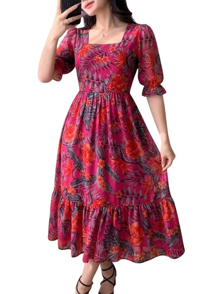 SMOWKLY Women's Georgette Floral Printed Indo-Western Ethnic Gown || Half Sleeve V Neck Fit & Flare Flared Hem Design || Casual Wear A-Line Maxi Dress Pink