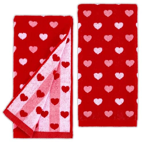 JarThenaAMCS Valentine's Day Hand Towels Jacquard Cotton Bathroom Towel Red White Pink Heart Absorbent Bath Towel for Kitchen Dish Drying Cleaning Cooking, 29.5 x 13.4 Inch, 2Pcs