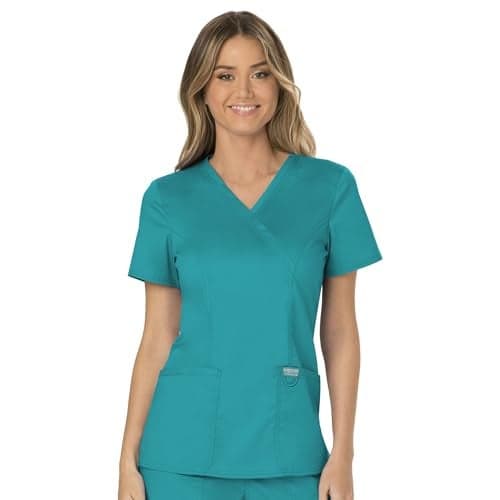 Cherokee Scrubs Top for Women Mock Wrap with 3 Pockets, Soft, 2-Way Stretch & Durable Fabric Plus Size - WW610, 2XL, Teal Blue
